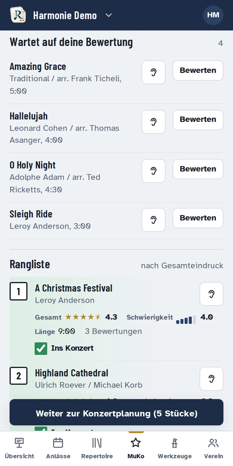Musikkommission: Vorschläge zum Bewerten und Rangliste