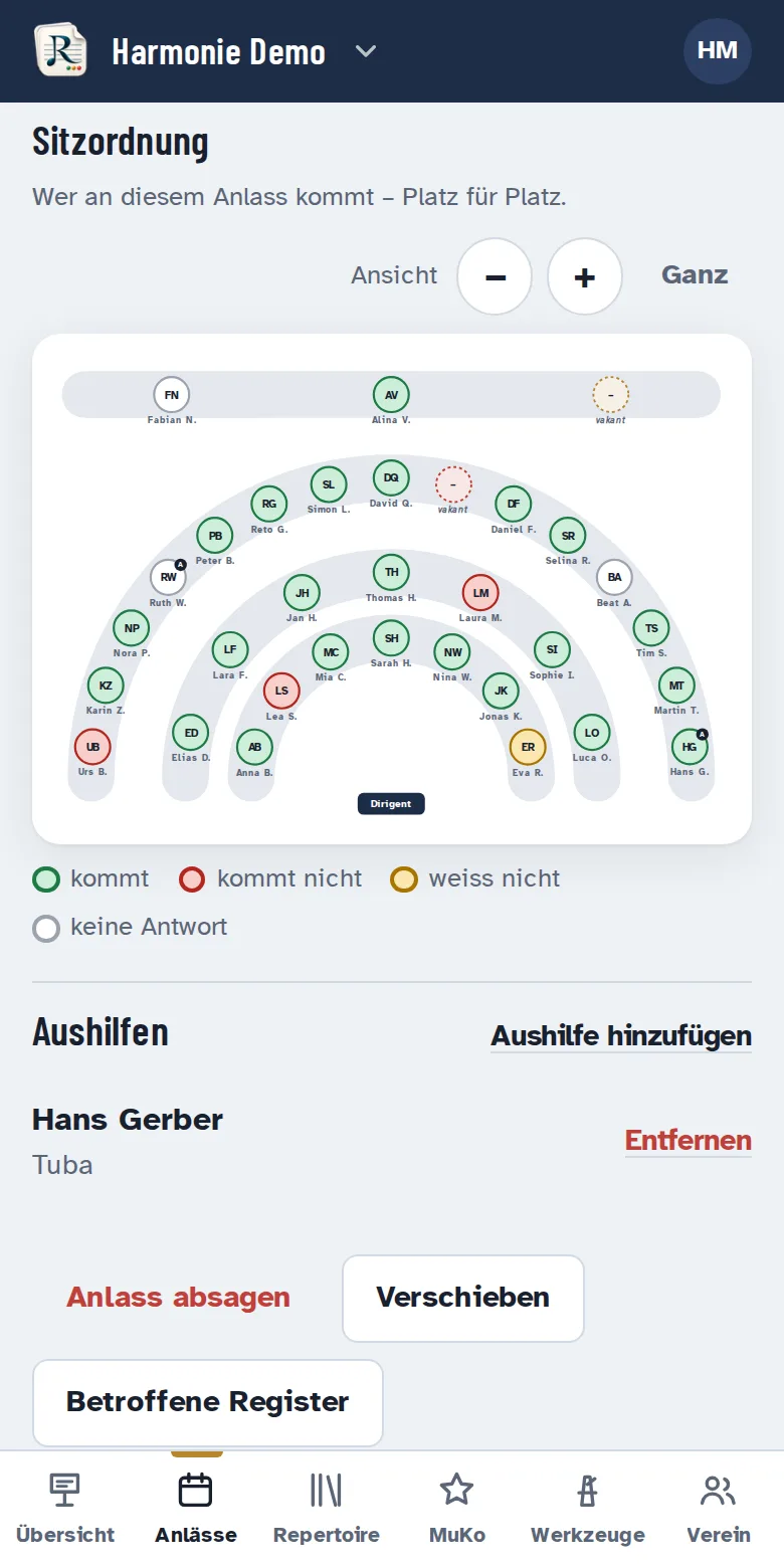Sitzordnung einer Probe: grüne Plätze kommen, rote nicht, gelbe wissen es noch nicht